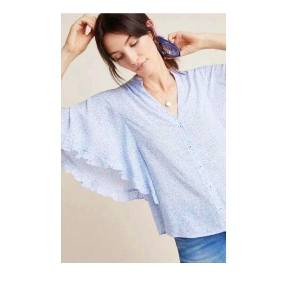 Anthropologie Maeve Aveiro ditsy print ruffle kimono Blouse top size XS blue